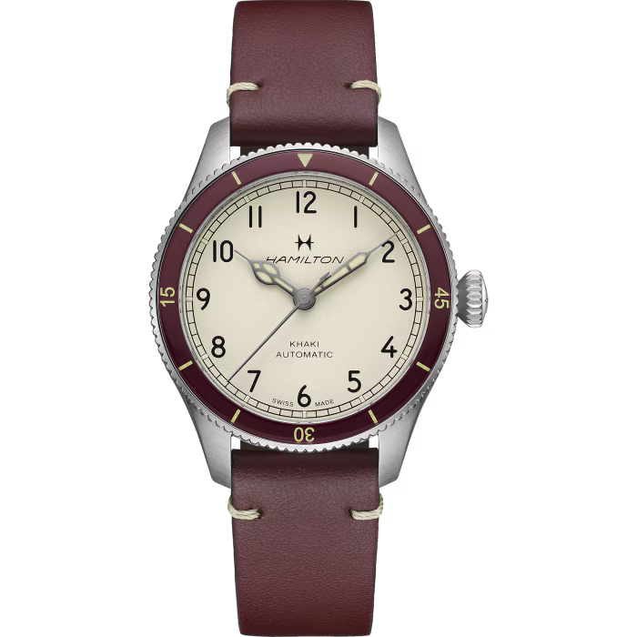 Hamilton watch with maroon strap and face on a white background