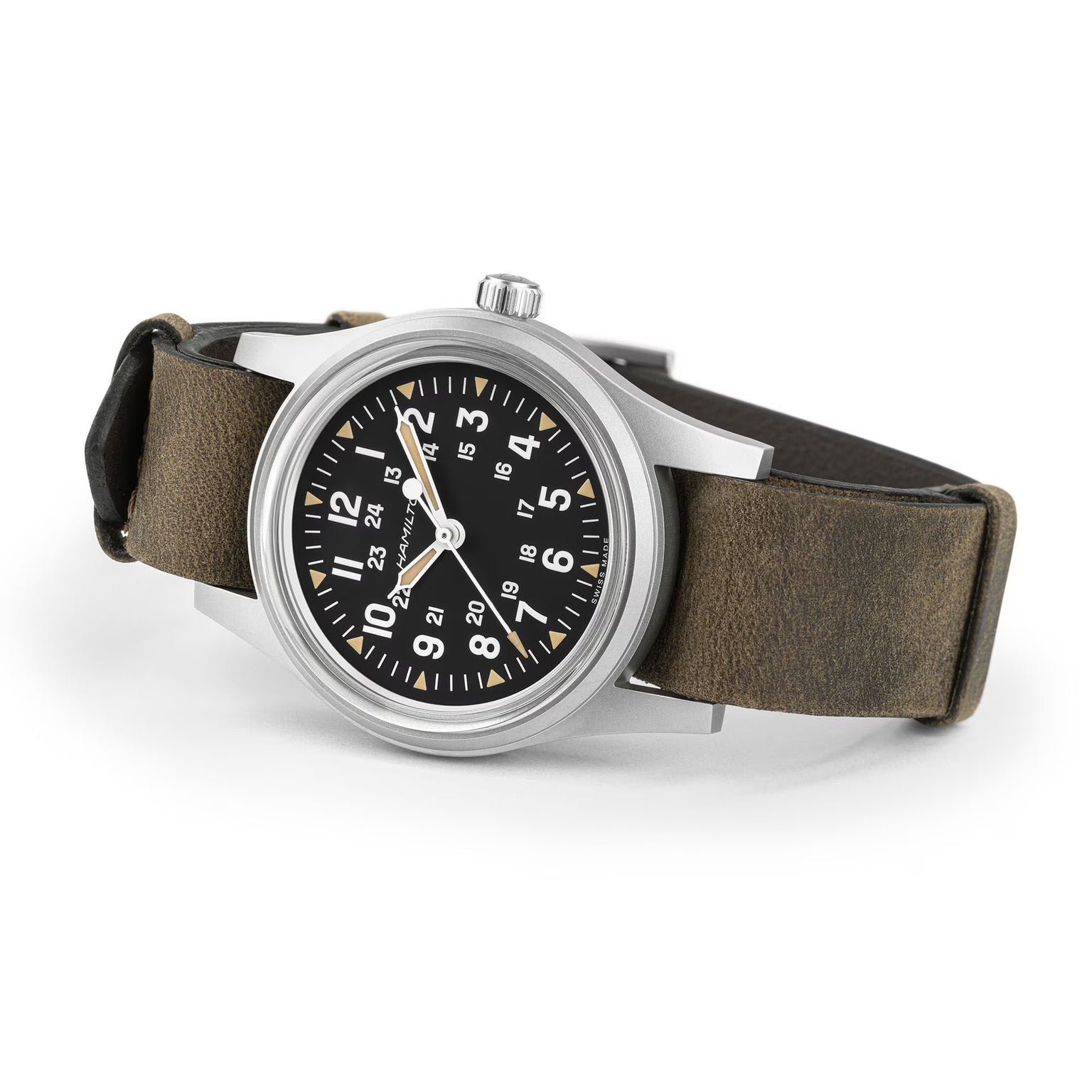 Watch with brown leather strap and black dial on a white background