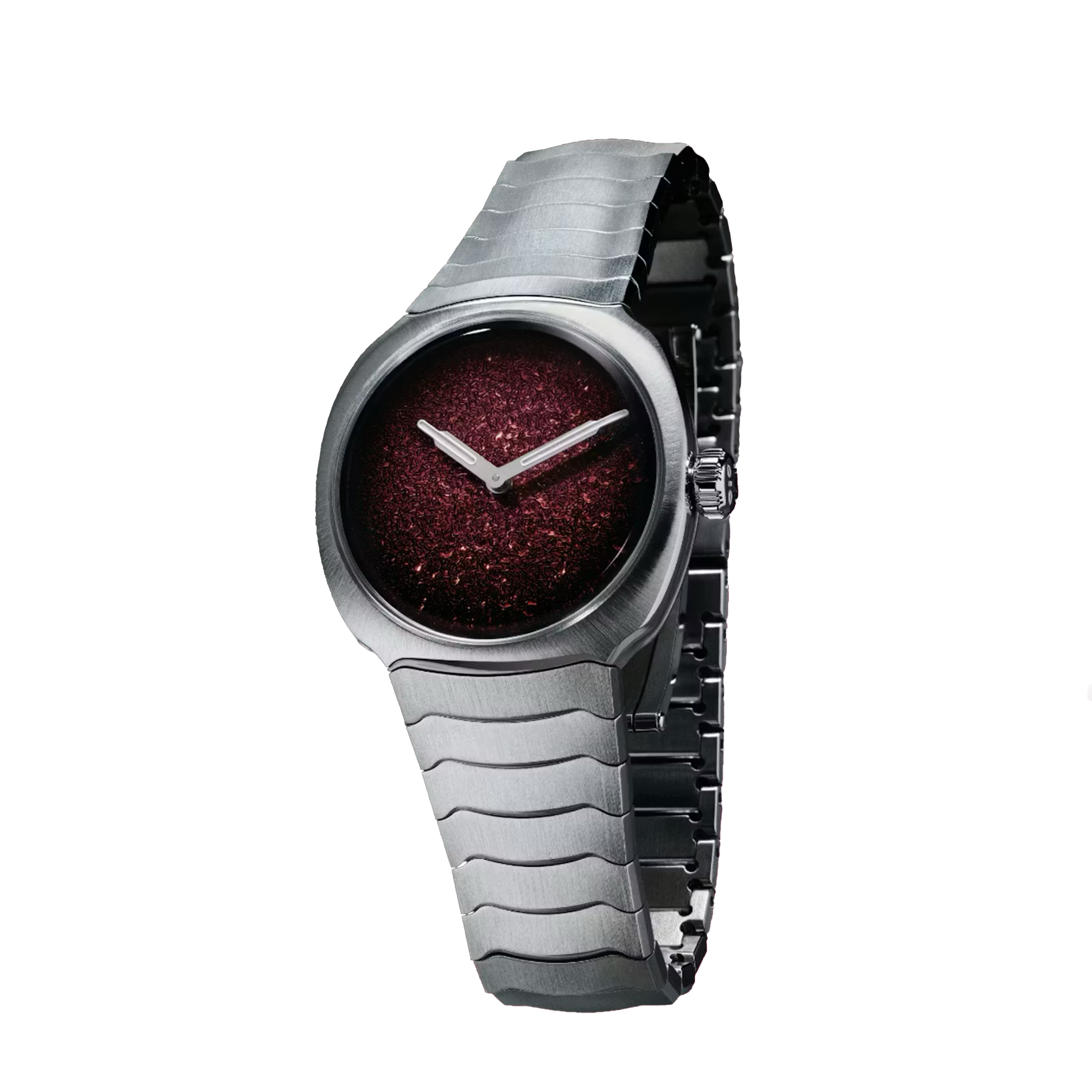Silver and black watch with burgundy glitter dial and two white hands.