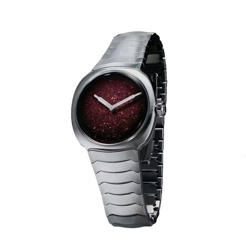 Silver and black watch with burgundy glitter dial and two white hands.
