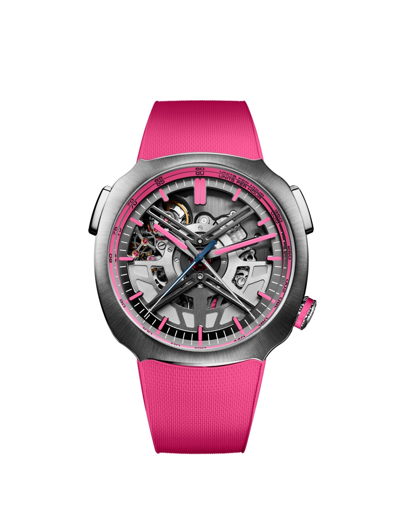 Watch with pink strap and transparent face on a white background
