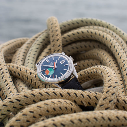 TAG Heuer Carrera Skipper for Hodinkee placed on a bundle of rope