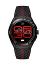 Watch with black carbon fiber strap and red accents on a white background