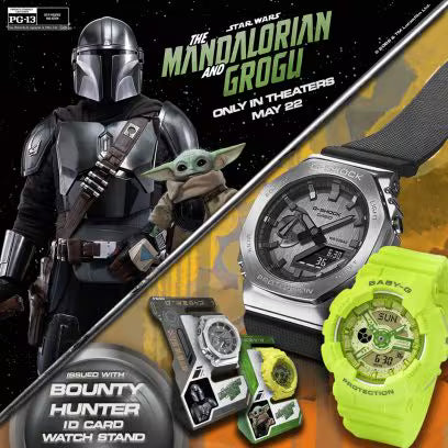 Silver and black digital watch with square face and metallic band displayed with The Mandalorian promotional graphics and acc