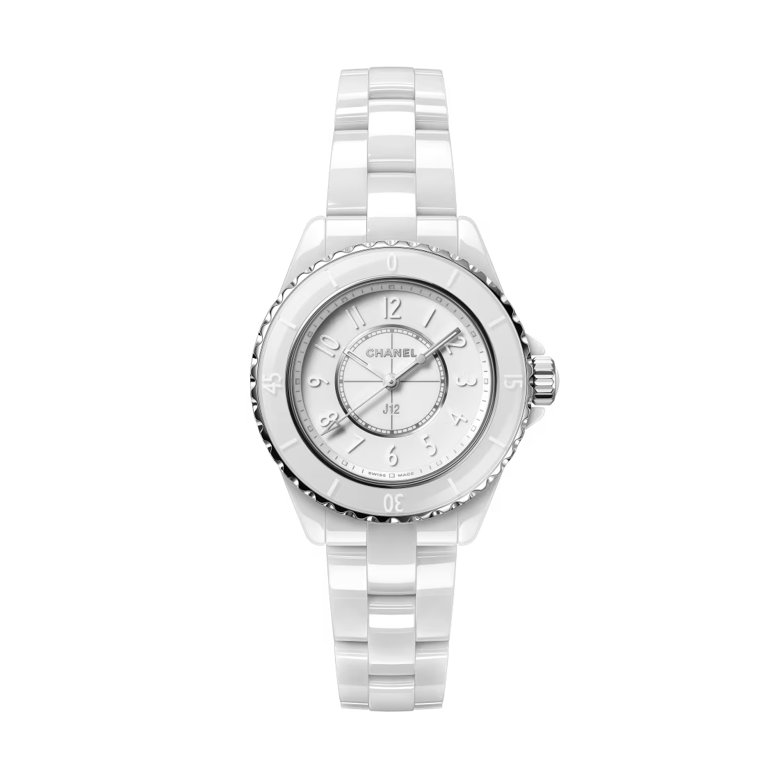The Chanel J12 Phantom is a white wristwatch featuring a round face, silver-tone hour markers, and a highly resistant ceramic link bracelet, shown against a plain light background.