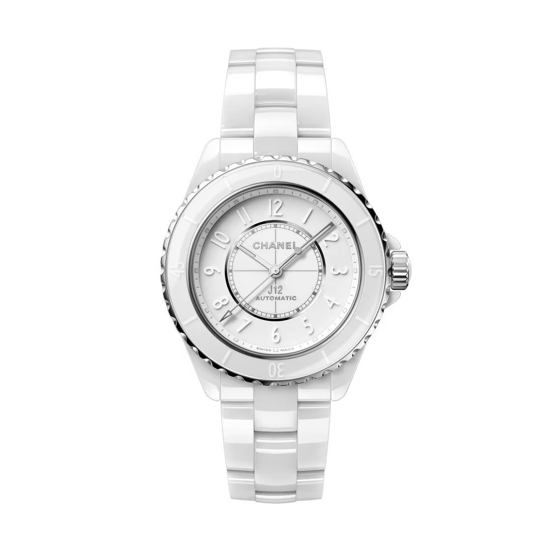A Chanel J12 Phantom automatic wristwatch with a white ceramic and steel band, silver accents, and a round face featuring Arabic numerals, highly scratch-resistant, is photographed on a plain white background.
