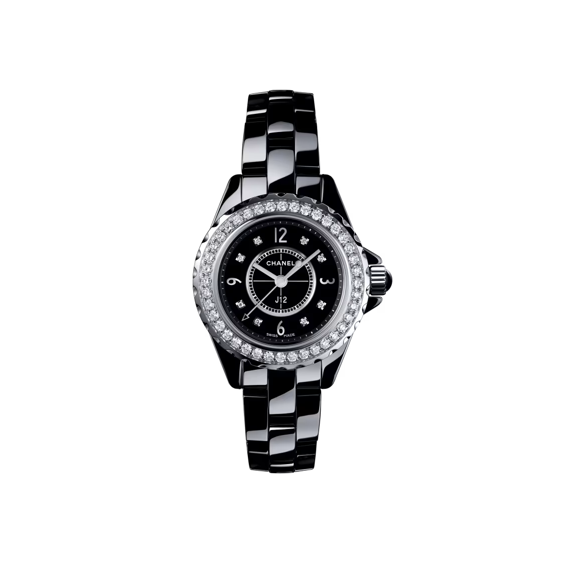 The Chanel J12 is a black ceramic and steel wristwatch with a round face, silver details, diamond bezel, and link bracelet, shown on a white background. Made from highly resistant materials for lasting elegance and durability.