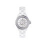 A Chanel J12 white ceramic wristwatch featuring a round mother-of-pearl dial, diamond bezel, silver accents, and a white ceramic link bracelet, shown on a plain white background.