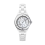The Chanel J12 is a luxury watch with a glossy white ceramic and steel bracelet, round bezel with silver accents, and a white dial featuring diamond hour markers.