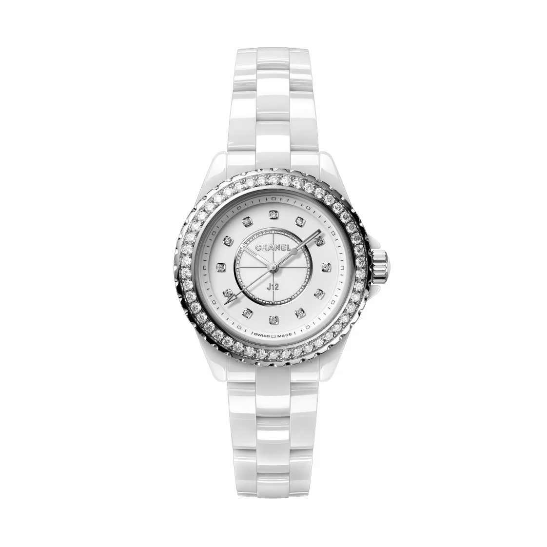 The Chanel J12 is a white ceramic wristwatch with a diamond bezel, silver accents, and a white dial set with diamond hour markers, featuring an elegant bracelet design.