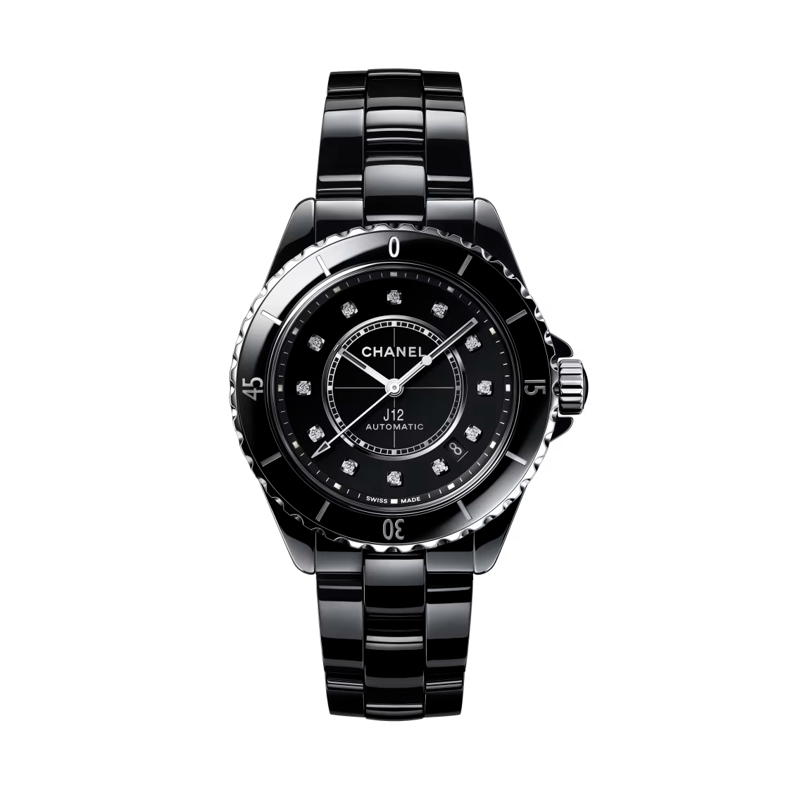 The Chanel J12 is a black ceramic and steel automatic watch with a glossy finish, silver bezel, diamond indicators on its black dial, shown against a white background.