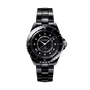 The Chanel J12 is a black ceramic and steel automatic watch with a glossy finish, silver bezel, diamond indicators on its black dial, shown against a white background.