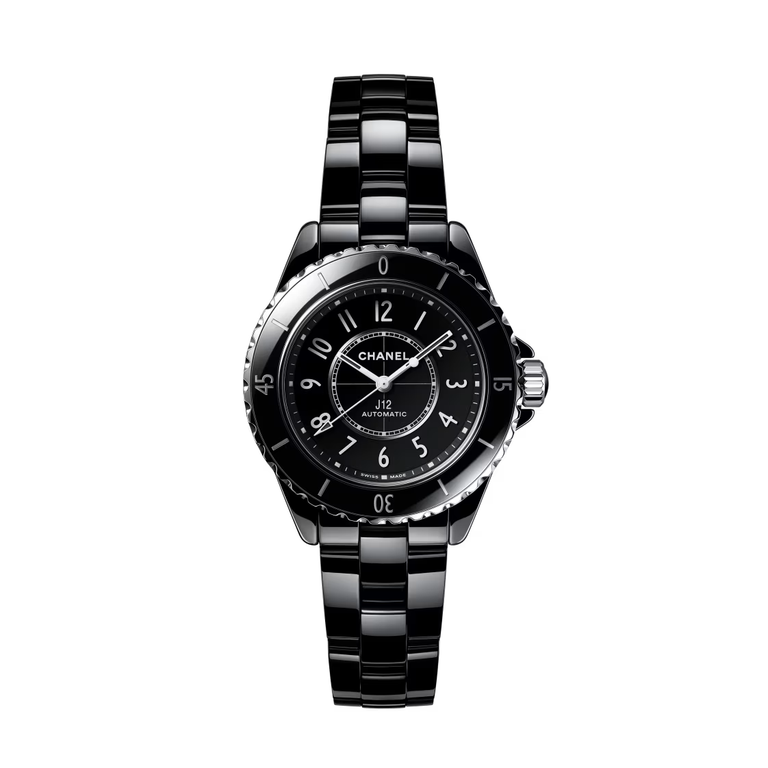 The Chanel J12 wristwatch features a round black ceramic and steel case, Arabic numerals, and a polished link bracelet, shown against a plain white background.