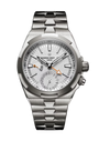 Silver stainless steel watch with white dial, dual time subdial, orange hands, and cardinal point markers.