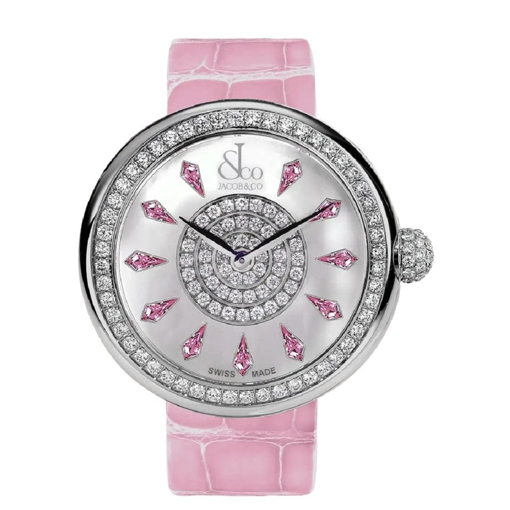 Luxury watch with silver dial, pink teardrop gemstone hour markers, diamond-set bezel and center, pink crocodile leather stra
