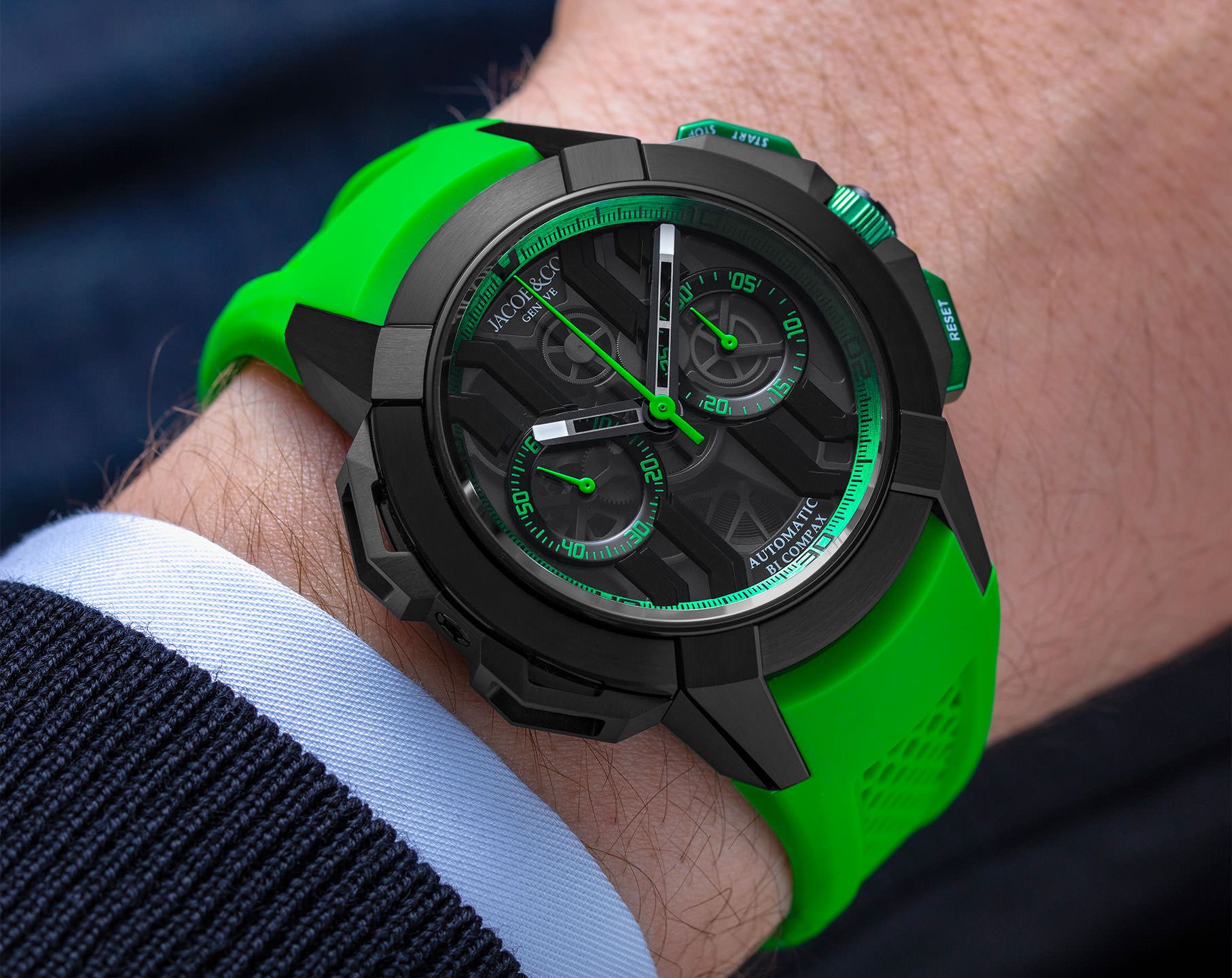 Epic X Chrono | 44mm, Black Titanium, Green Inner Ring