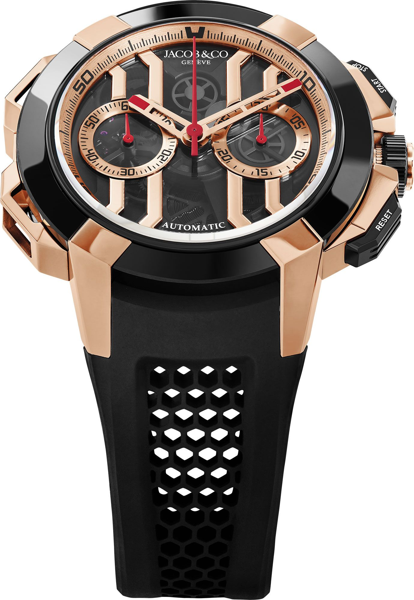 Jacobs & Co chronograph watch with rose gold and black case, black dial with subdials, red hands, and black rubber strap with