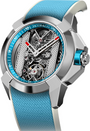 Jacob & Co watch with silver case, blue dial, visible skeleton mechanism, blue rubber strap, and blue crown.