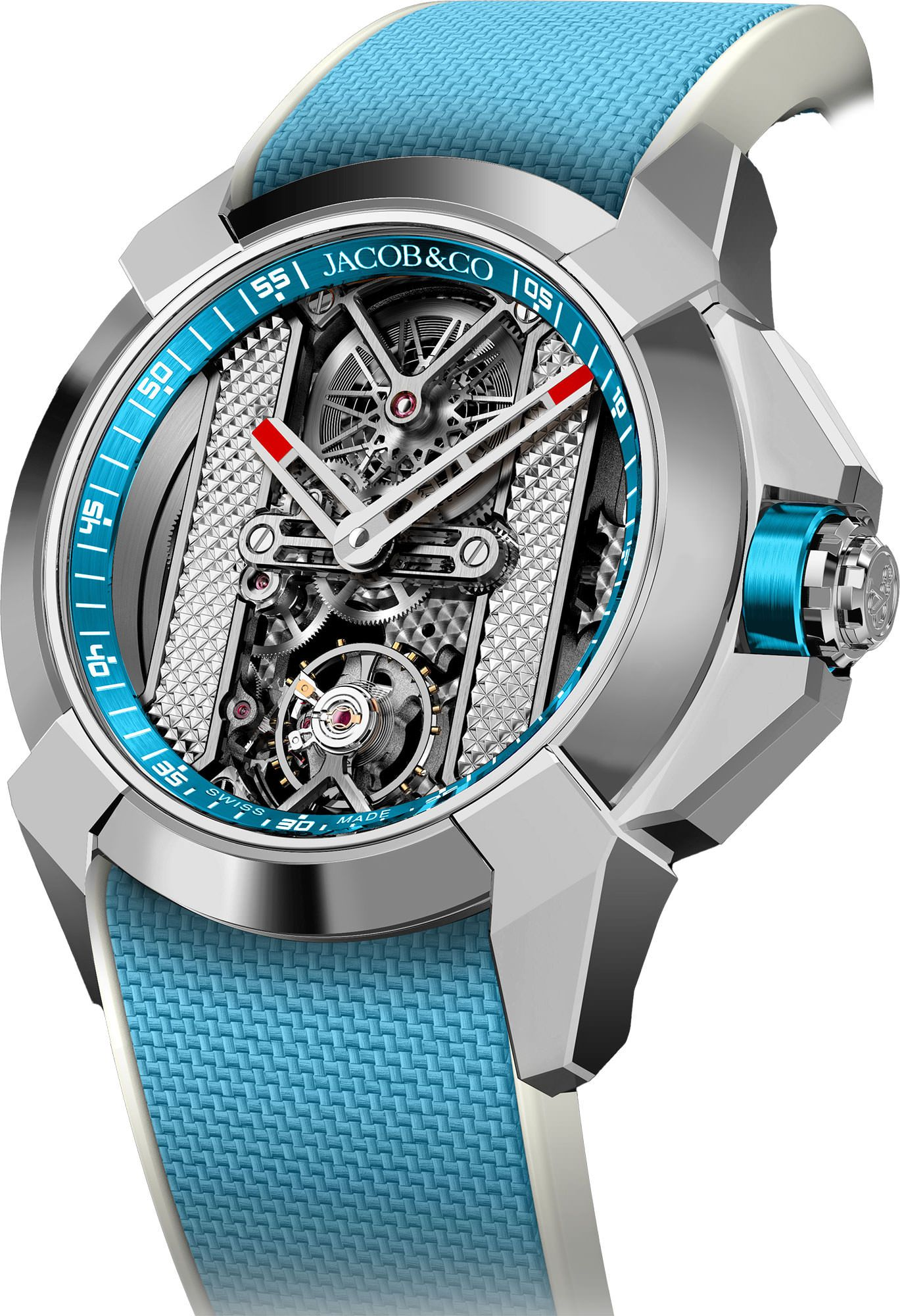 Jacob & Co watch with silver case, blue dial, visible skeleton mechanism, blue rubber strap, and blue crown.