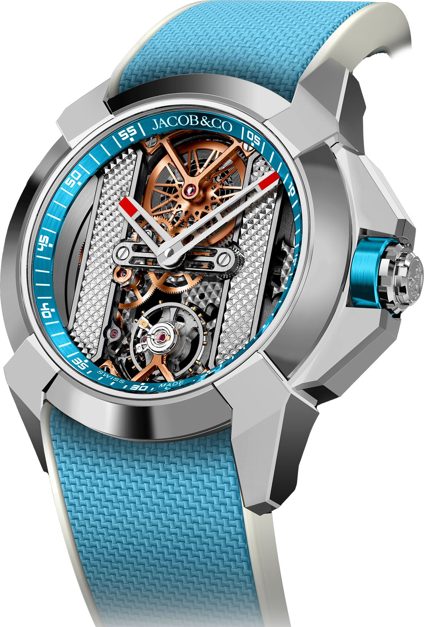 Silver-case watch with exposed copper and gold mechanical movement, blue textured strap, and blue bezel with hour markers.