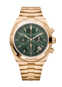 Gold-tone chronograph watch with green dial, three subdials, date window, and matching bracelet.