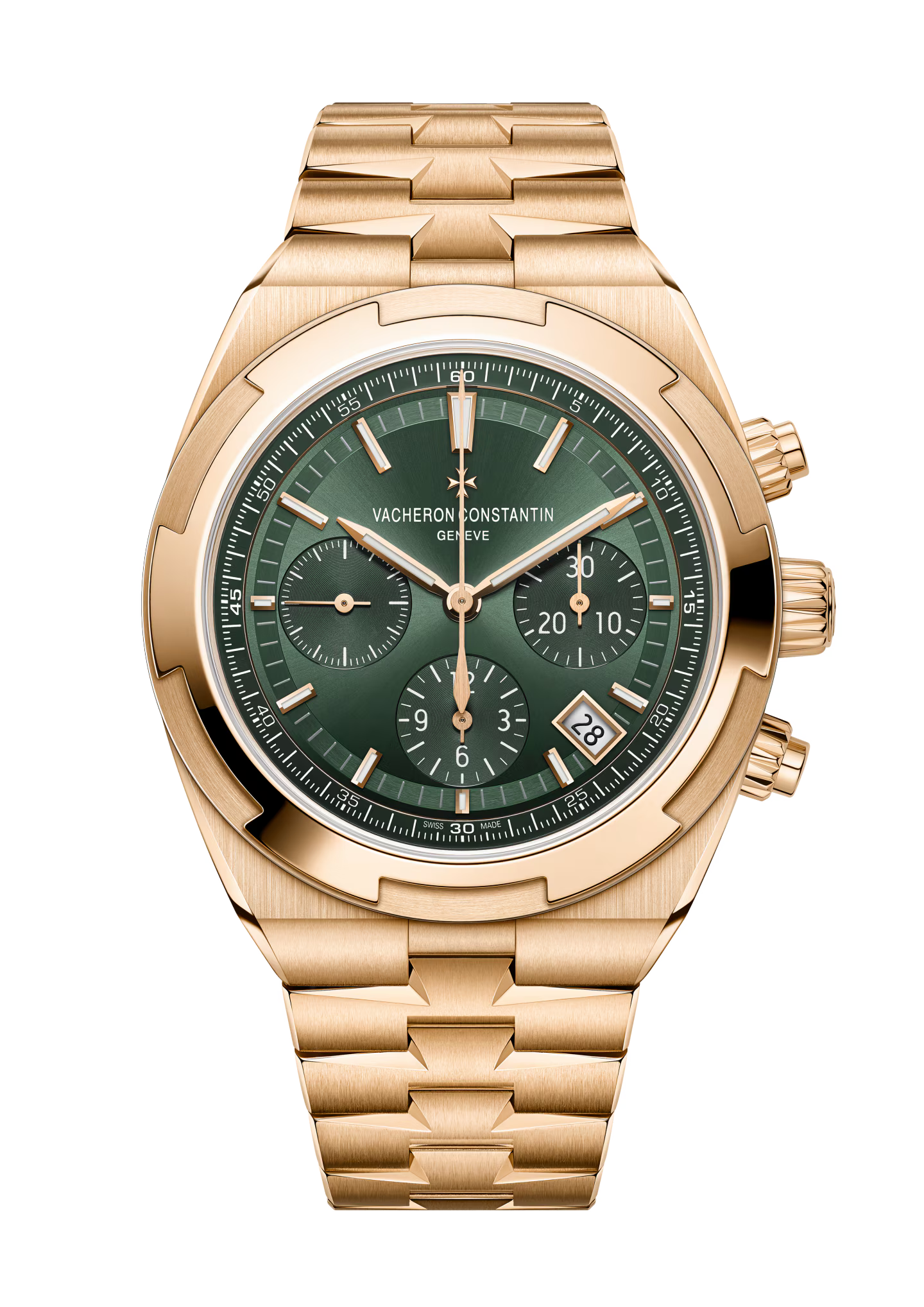 Gold-tone chronograph watch with green dial, three subdials, date window, and matching bracelet.