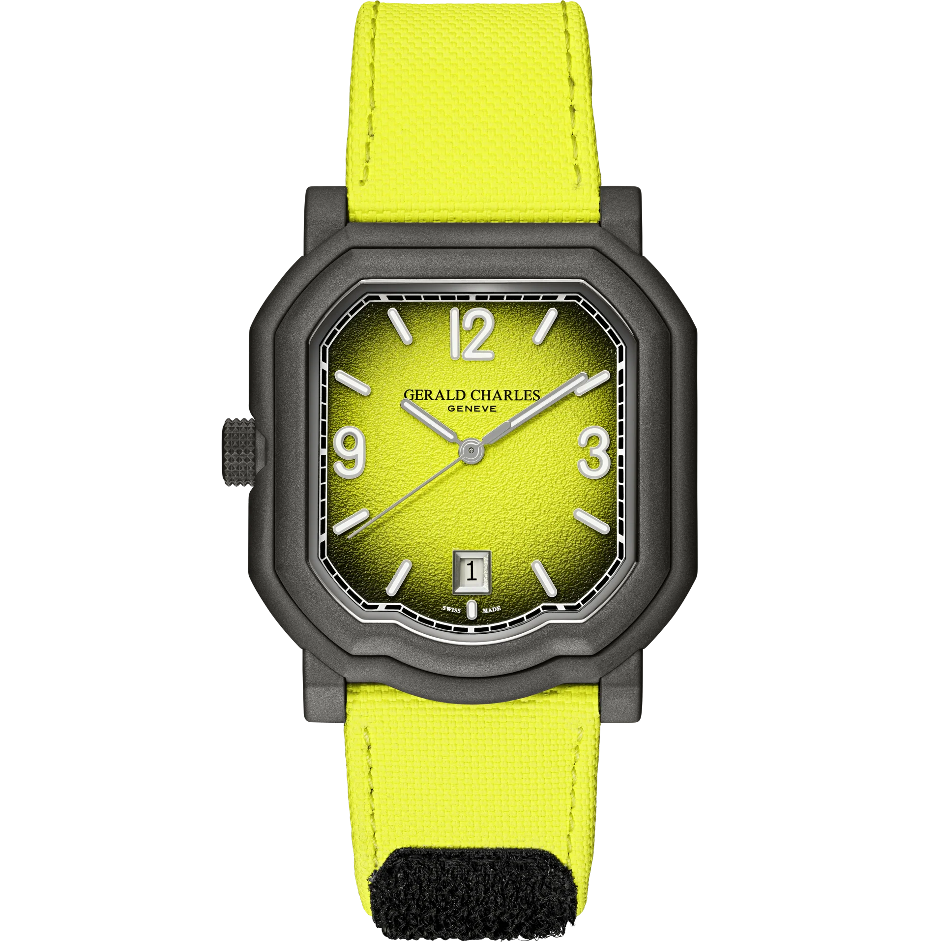 The Gerald Charles Maestro GC Sport Tennis Limited Edition is a square-faced watch with a bright yellow strap and dial, black case, and white numerals and hands.