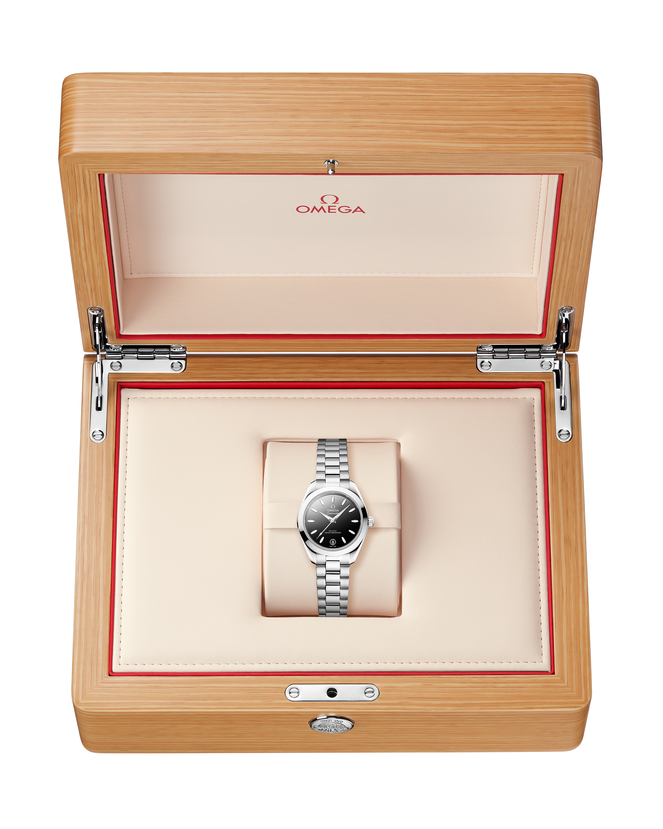 OMEGA Seamaster Aqua Terra 150M 30mm Steel on Steel Black Dial Watch in a wooden box
