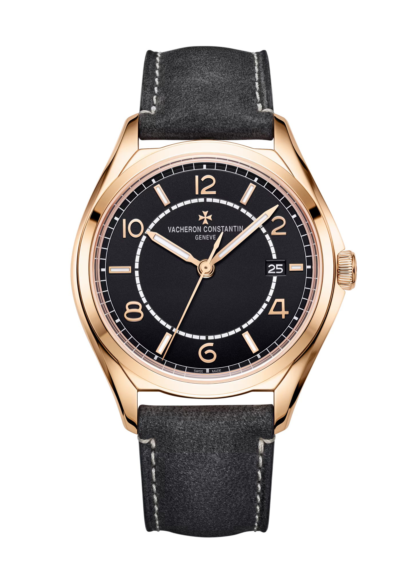 Rose gold watch with black dial, Arabic numerals, date window, and black leather strap with white stitching.