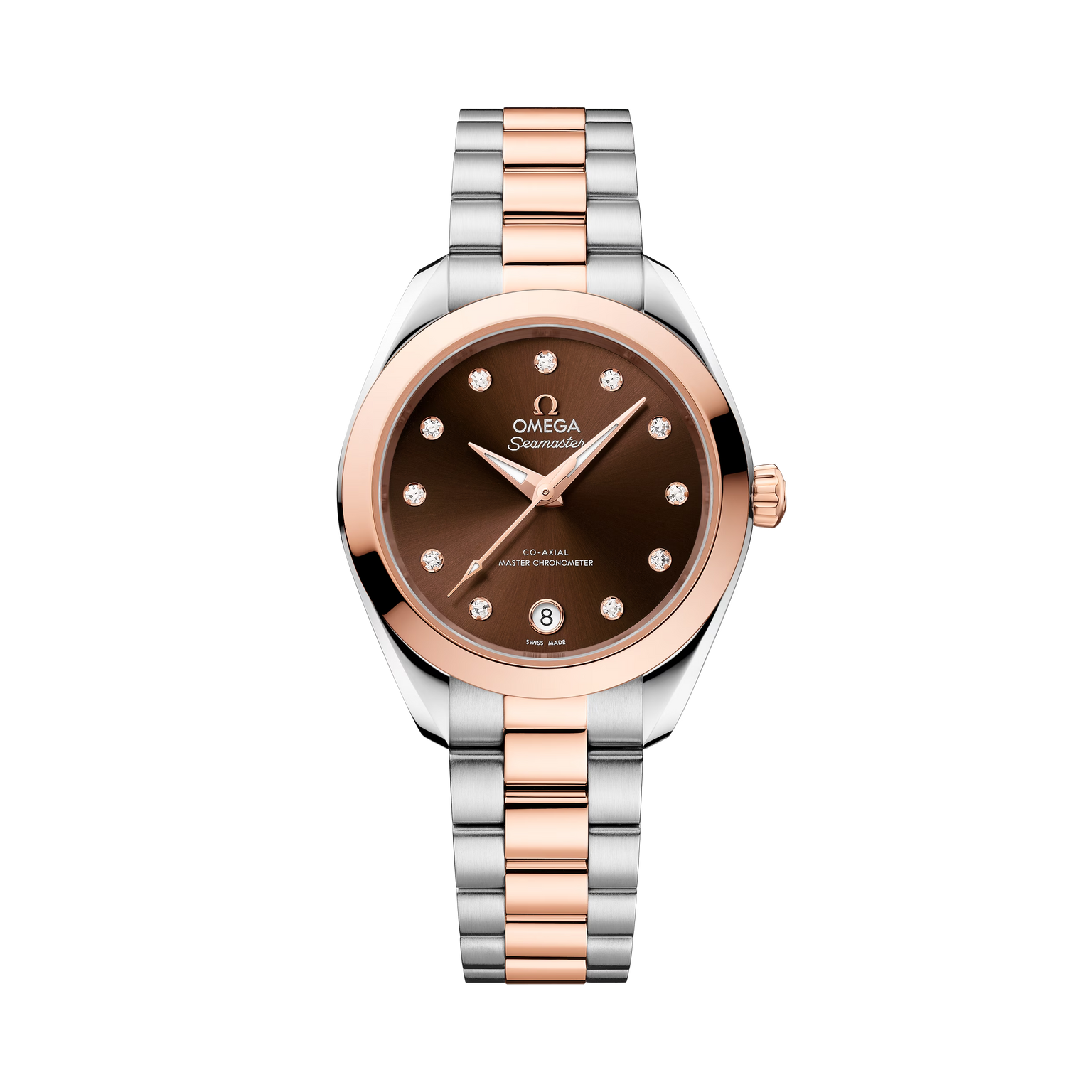 OMEGA Seamaster Aqua Terra 150M 30mm, Sedna™ gold on steel, Sedna™ gold Bezel, Brown Dial Watch with Diamond Markers on a Sedna™ gold on steel integrated two-tone bracelet.