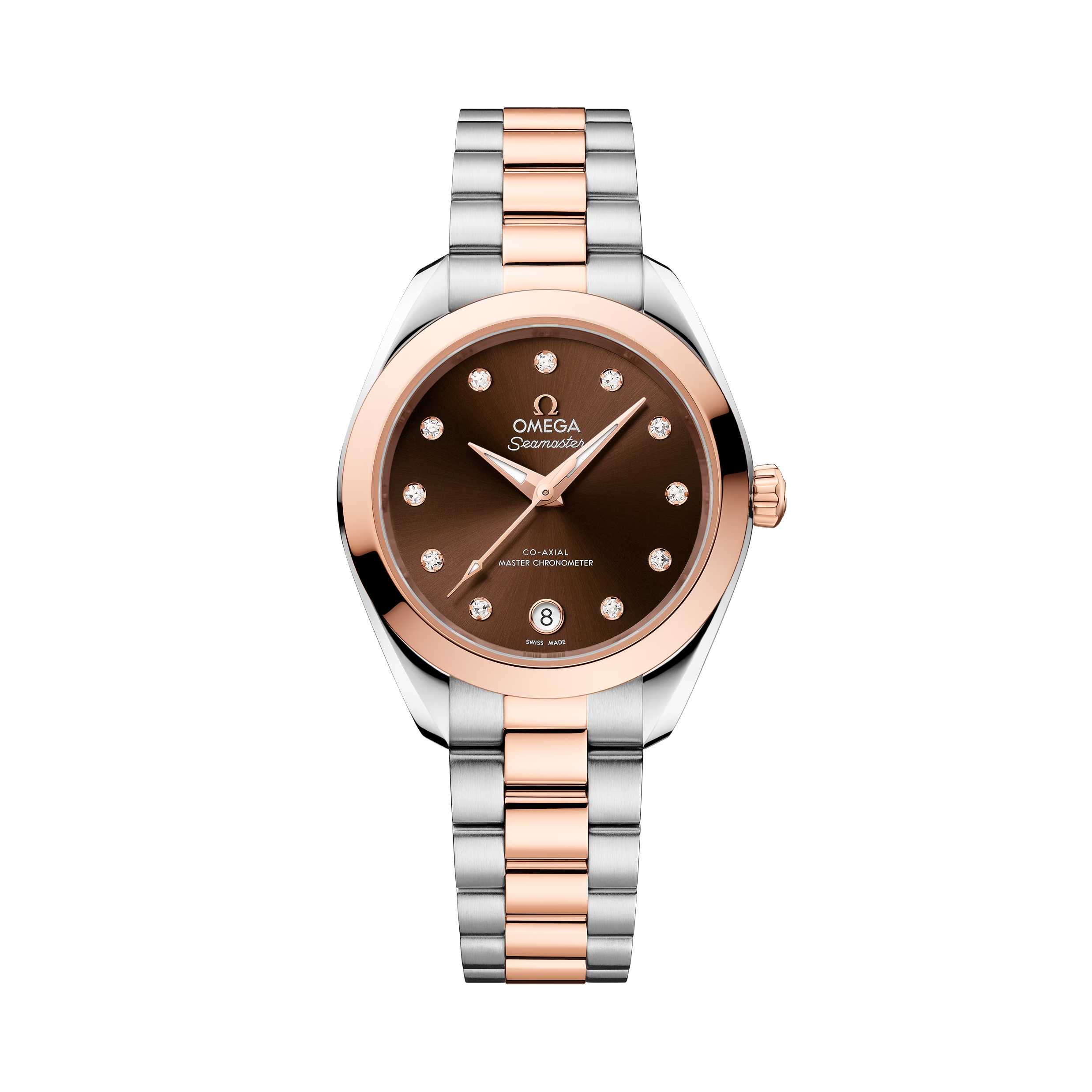 OMEGA Seamaster Aqua Terra 150M 30mm, Sedna™ gold on steel, Sedna™ gold Bezel, Brown Dial Watch with Diamond Markers on a Sedna™ gold on steel integrated two-tone bracelet.