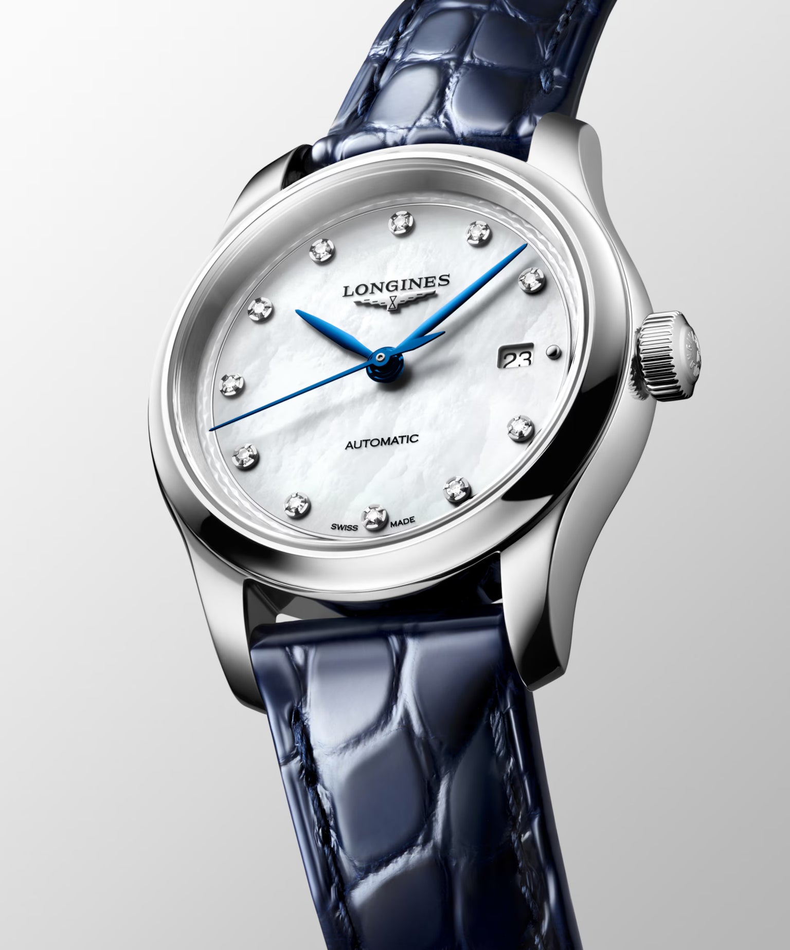 Master | 30mm, Stainless Steel, White mother-of-pearl Dial, Blue Alligator Leather,  Womens Watch