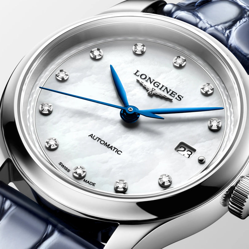 Master | 30mm, Stainless Steel, White mother-of-pearl Dial, Blue Alligator Leather,  Womens Watch