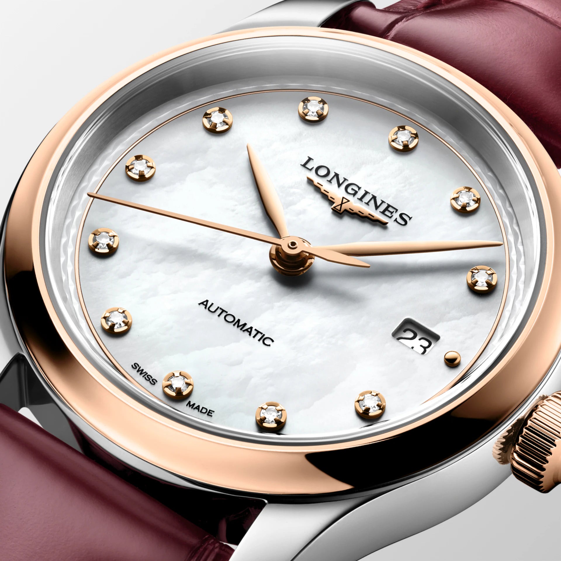 Master | 30mm, Stainless Steel and 18K Rose Gold, White mother-of-pearl Dial, Bordeaux Alligator Leather, Womens Watch