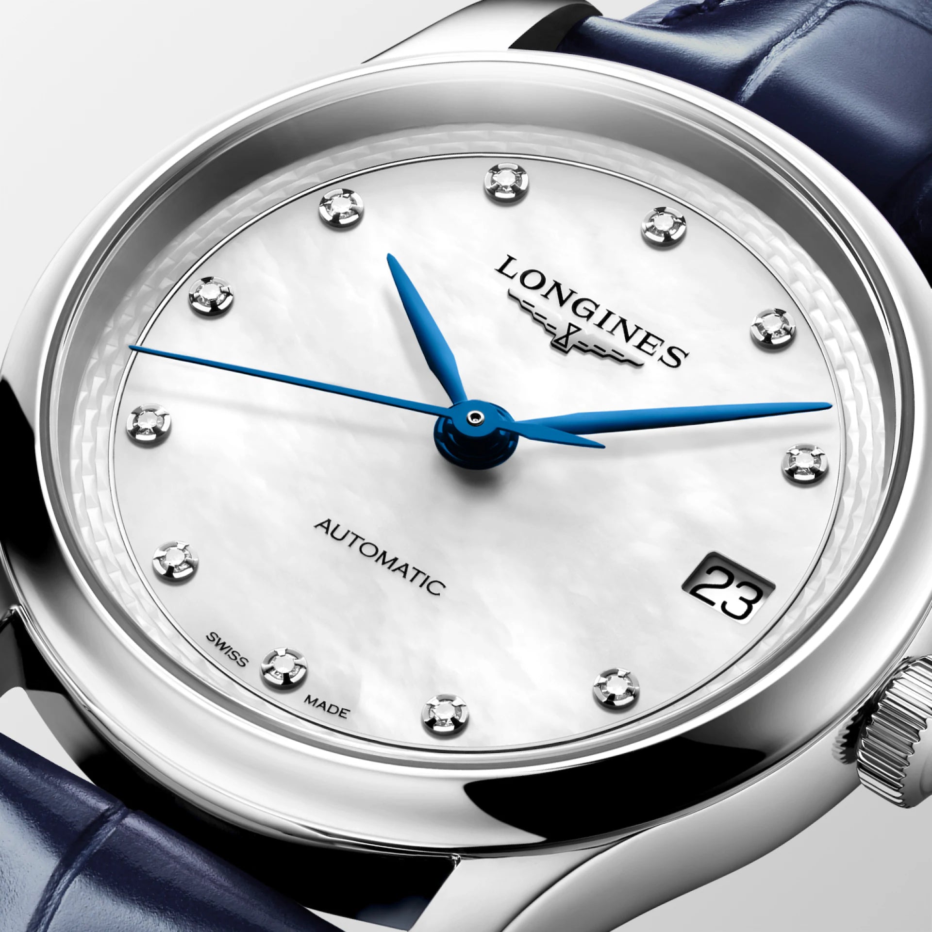 Master | 34mm, Stainless Steel, White mother-of-pearl Dial, Blue Alligator Leather, Womens Watch