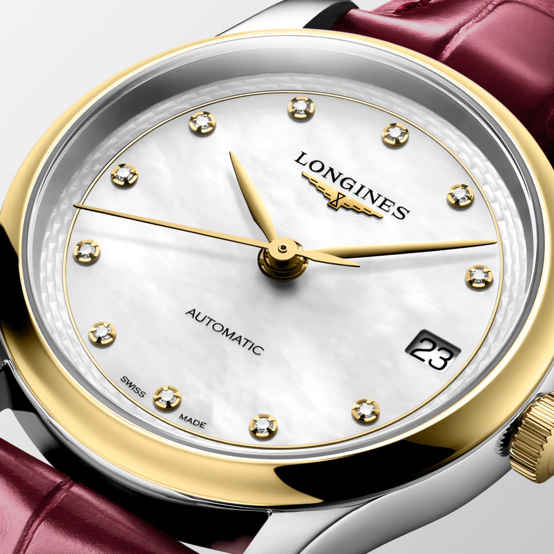 Master | 34mm, Stainless Steel and 18K Yellow Gold, White mother-of-pearl Dial, Bordeaux Alligator Leather, Womens Watch