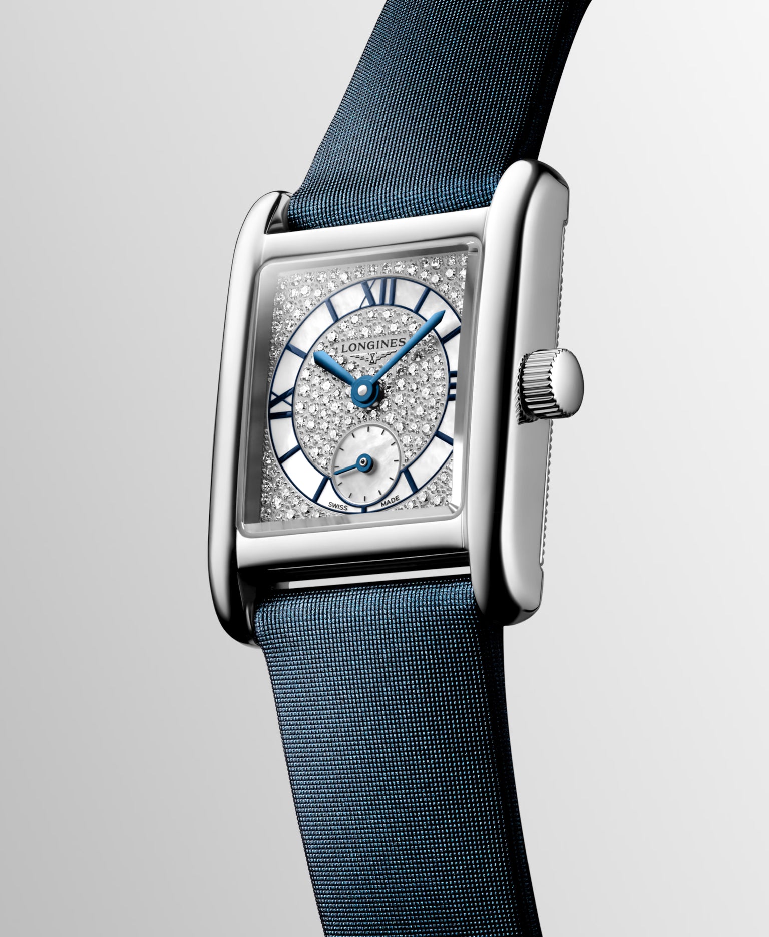 Mini DolceVita | 29mm, Stainless Steel, Snow-set & White mother-of-pearl Dial, Blue Veal Leather Strap, Womens Watch