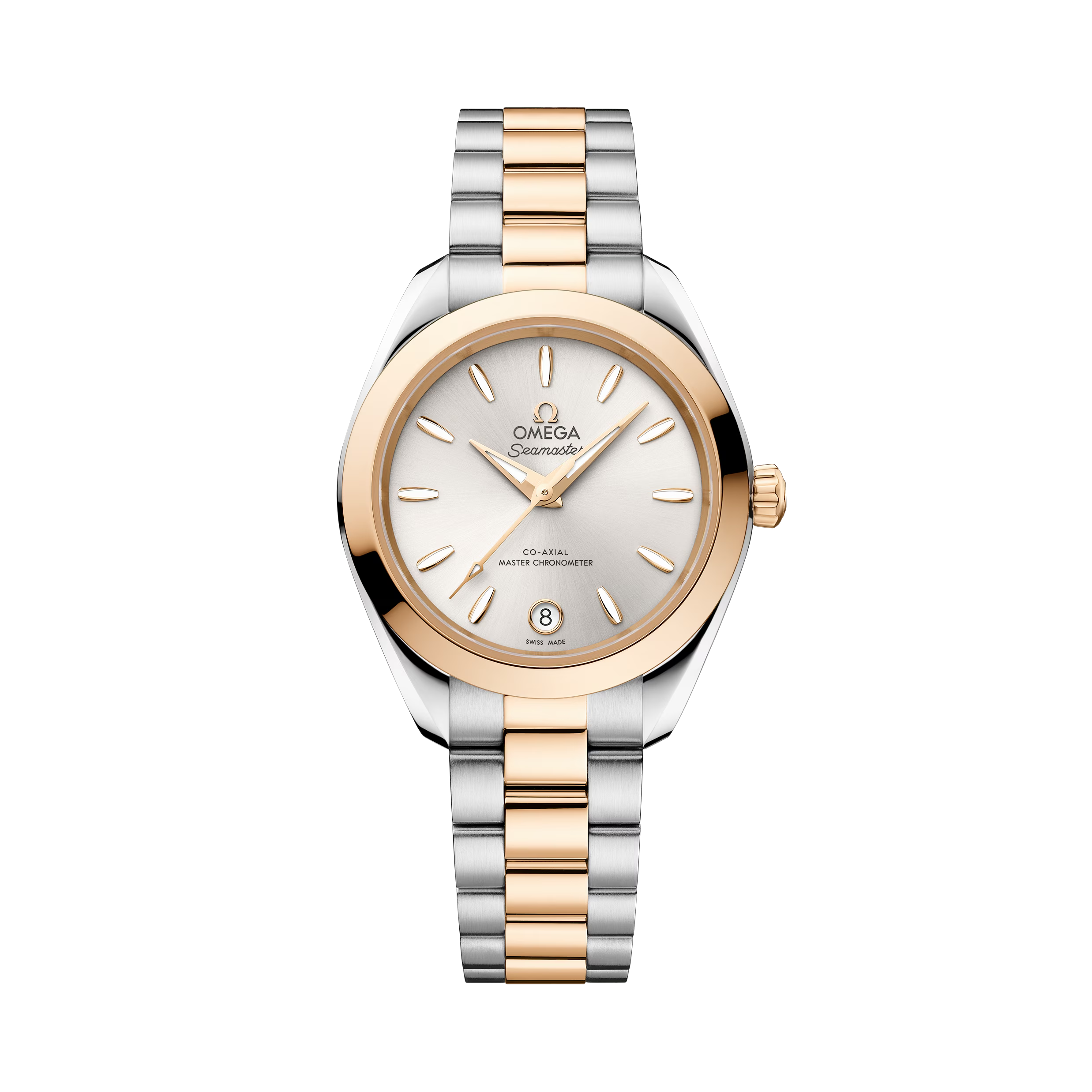 OMEGA Seamaster Aqua Terra 150M 30mm, Moonshine™ gold on steel, Moonshine™ gold Bezel, Silver Dial Watch with a Moonshine™ gold on steel integrated two-tone bracelet.
