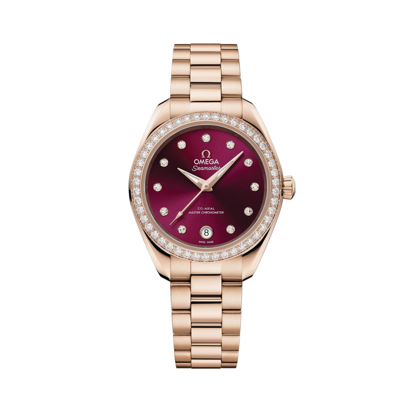 Omega Seamaster watch with a burgundy dial and diamonds at the hour marks with a rose-gold bracelet over a white background