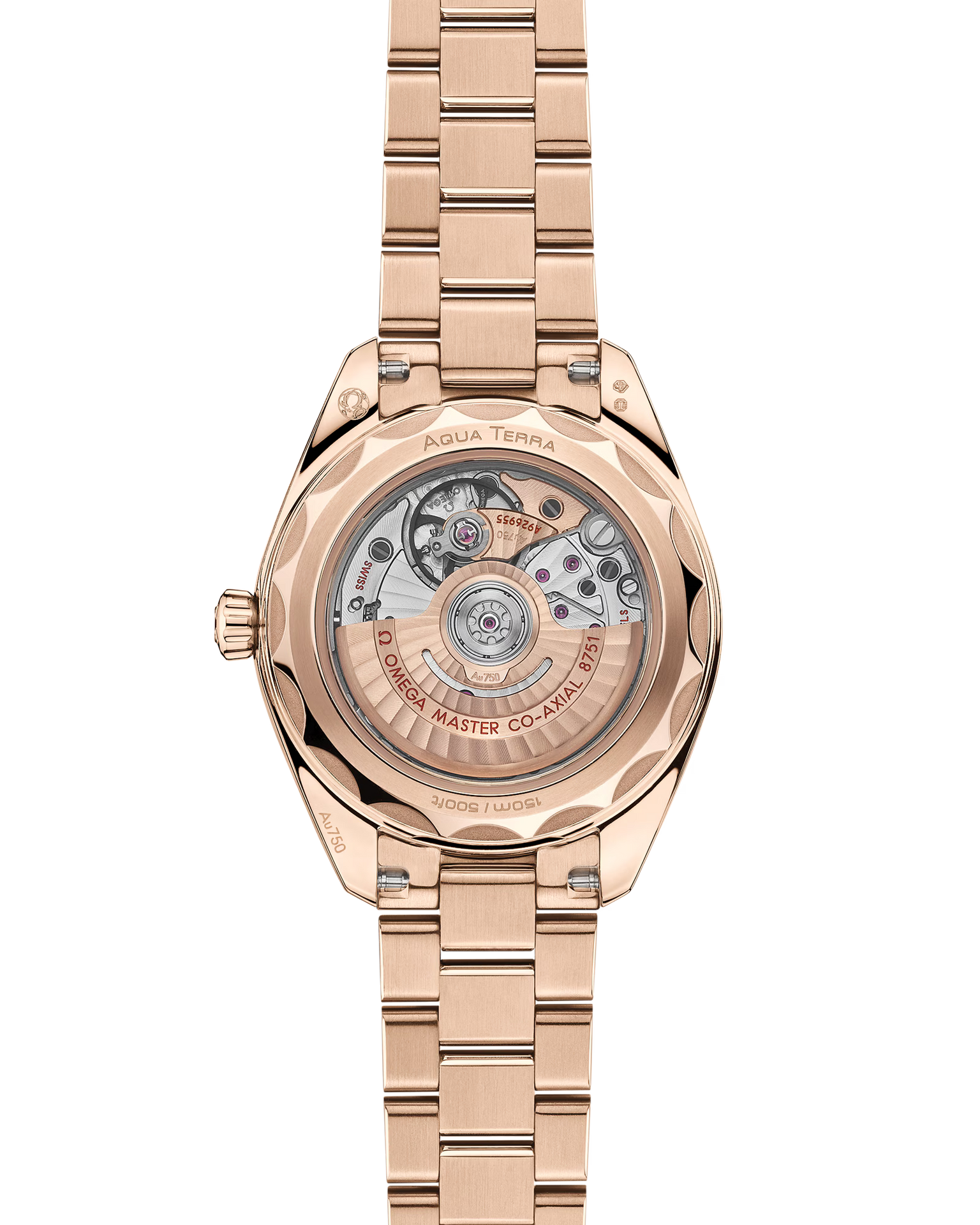 A back view of an Omega Seamaster watch showing the rose gold strap and case with a view of the mechanism inside the watch