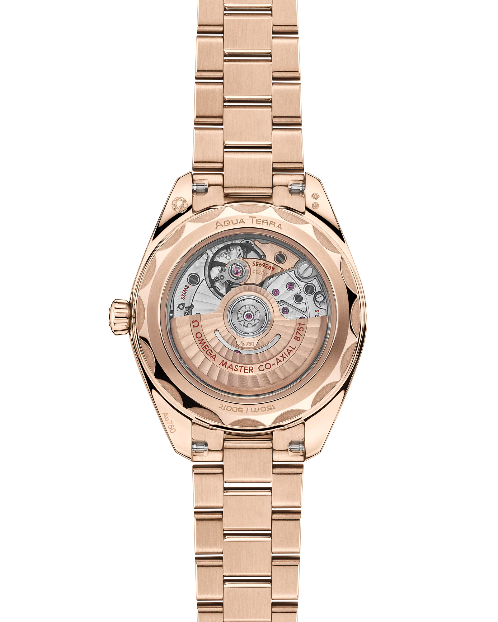 A back view of an Omega Seamaster watch showing the rose gold strap and case with a view of the mechanism inside the watch