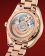 The back of a watch case showing the mechanism and the words Omega Master Co-Axial and Aqua Terra on the rose-gold watch