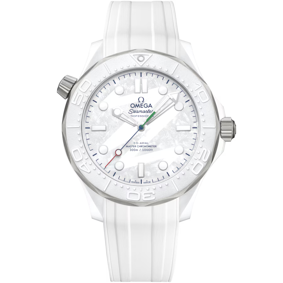 White Omega watch with detailed face on a transparent background