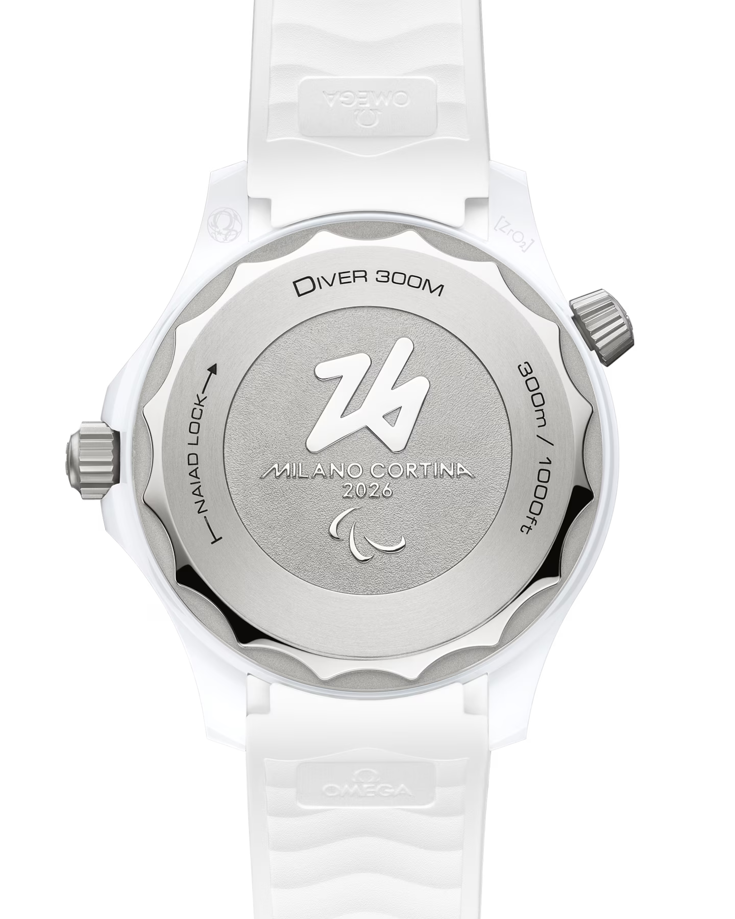 White watch with detailed branding and design elements on a clear background