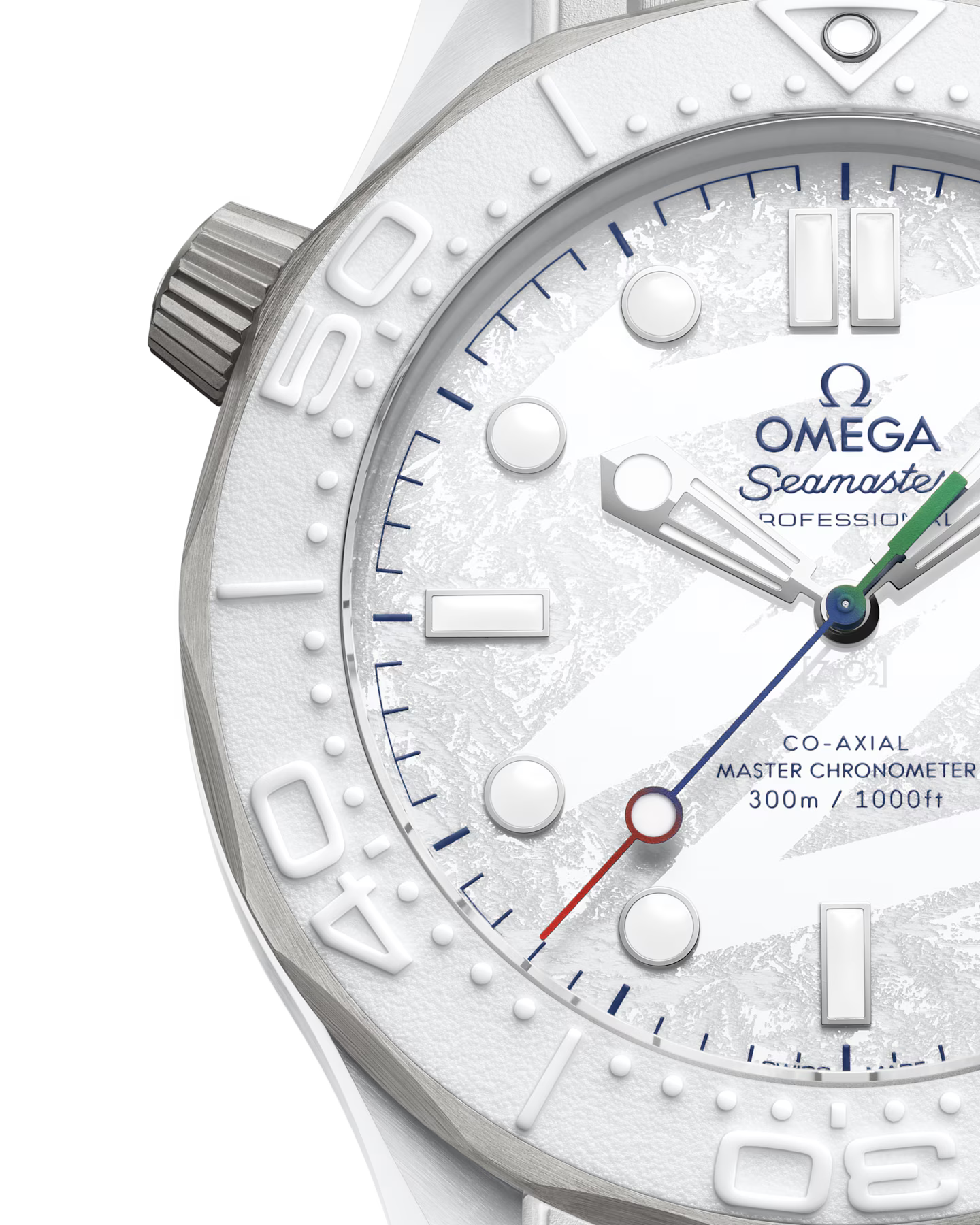 Omega Seamaster watch with white face and silver case on a clear background