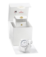 White watch with a white box featuring Omega branding on a white background