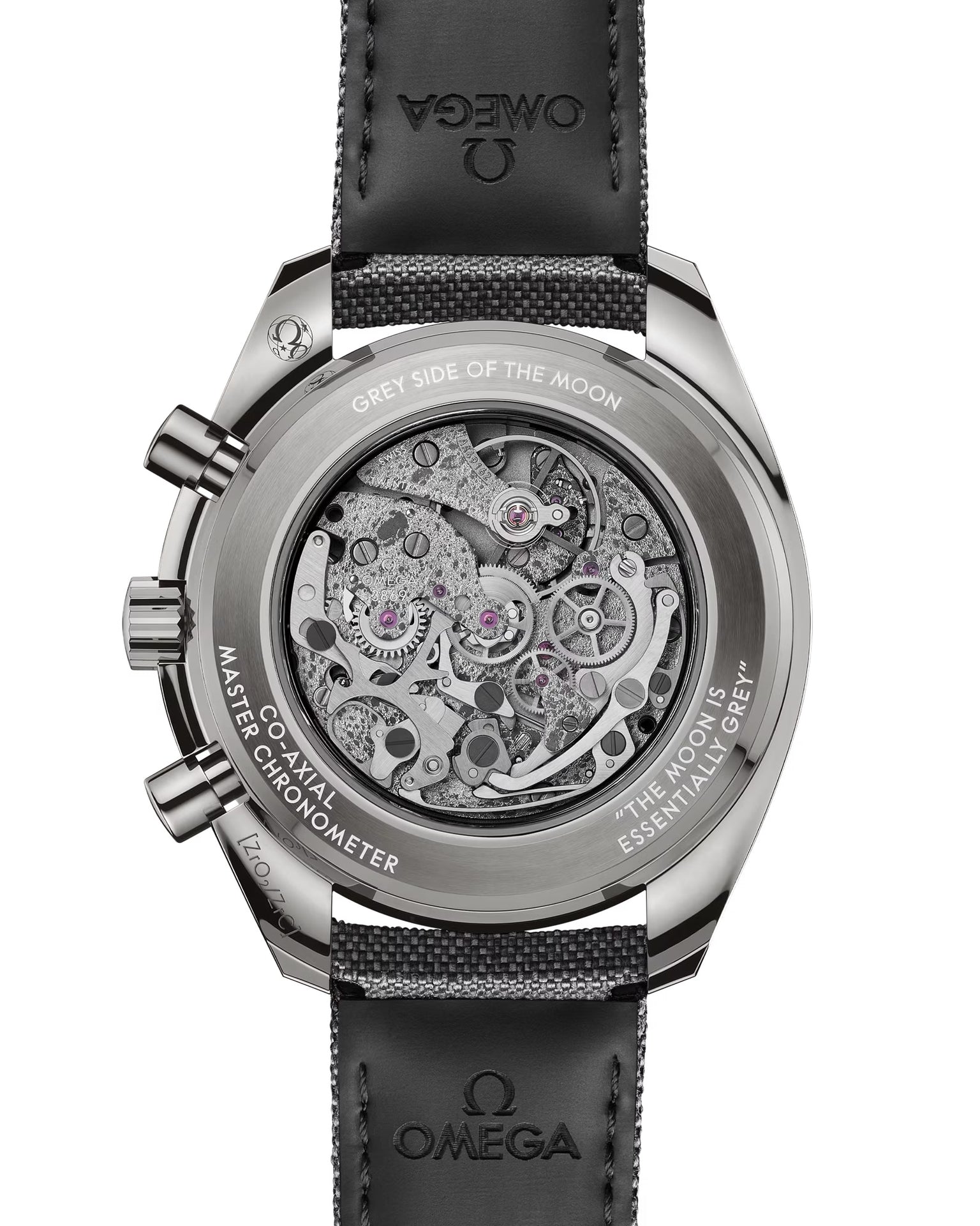 Back of OMEGA Dark Side of The Moon showing back of strap and face with dark grey strap and silver face