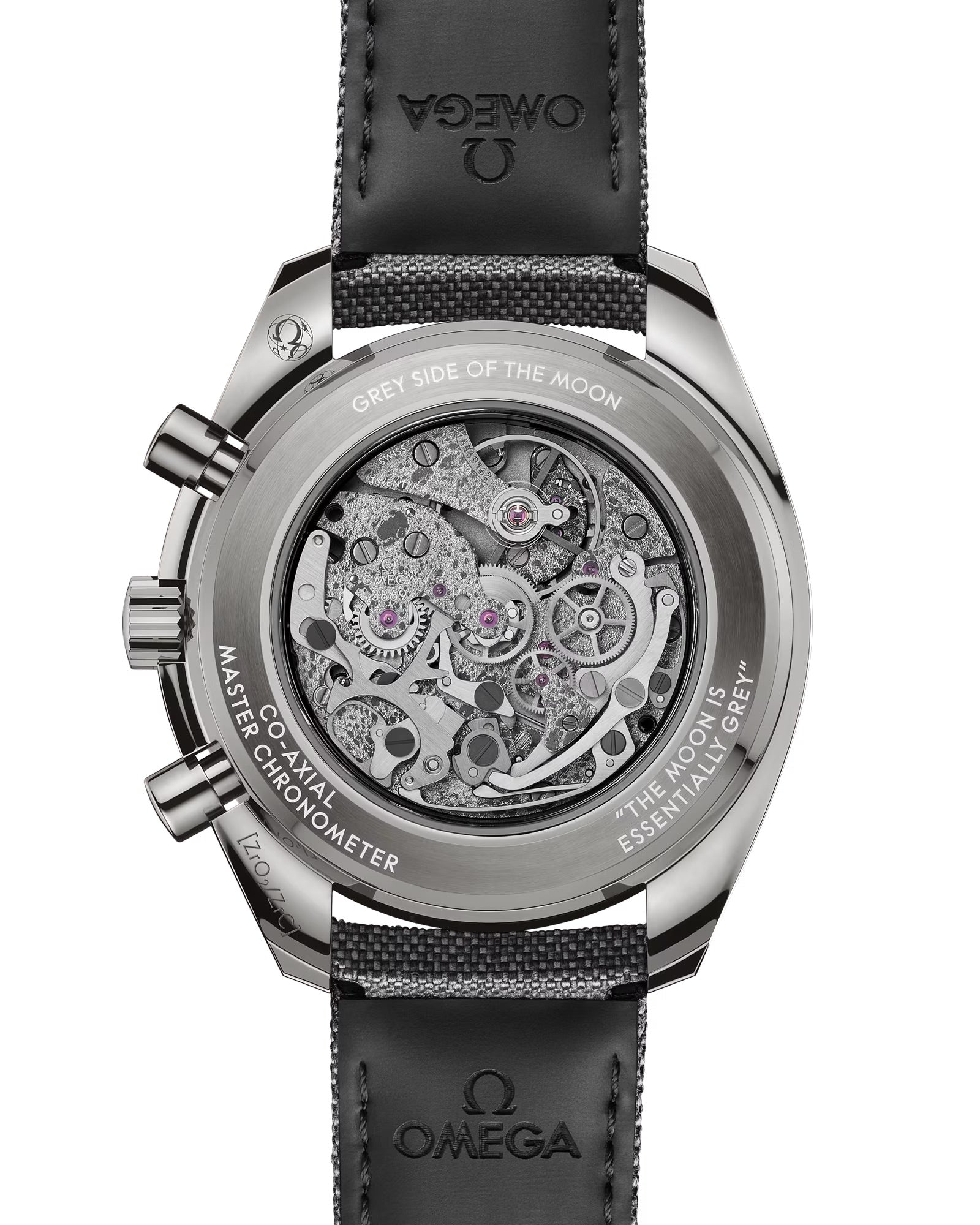 Back of OMEGA Dark Side of The Moon showing back of strap and face with dark grey strap and silver face