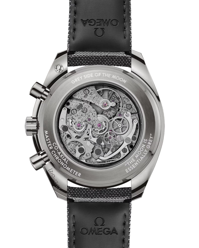 Back of OMEGA Dark Side of The Moon showing back of strap and face with dark grey strap and silver face