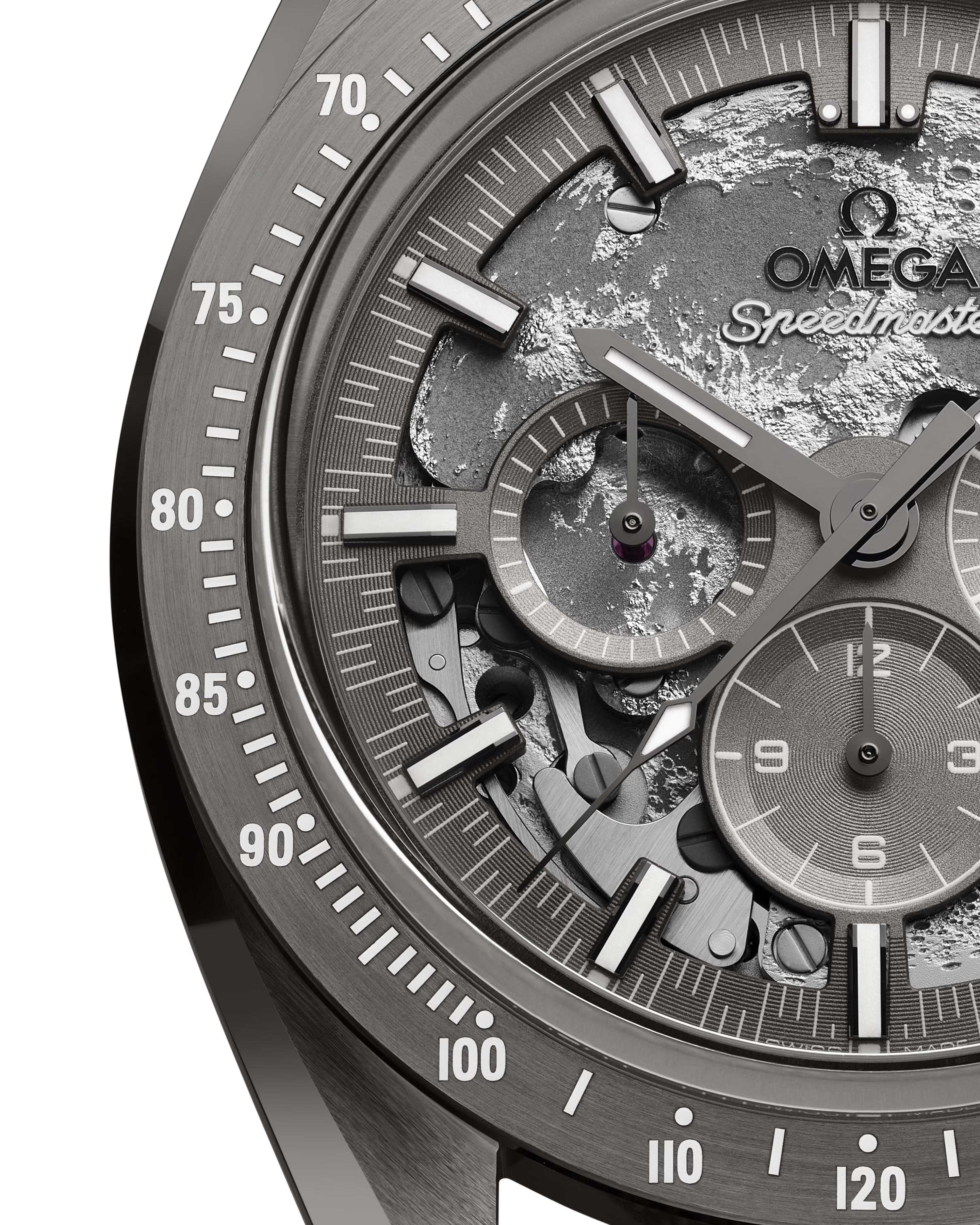 Close up of OMEGA Dark Side of The Moon with grey dial and detailed grey face